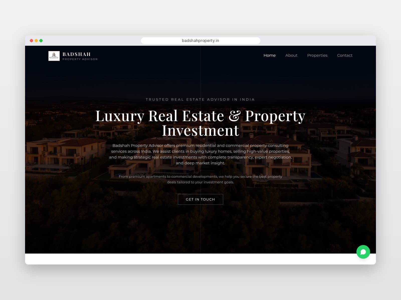 Badshah Property homepage hero on desktop