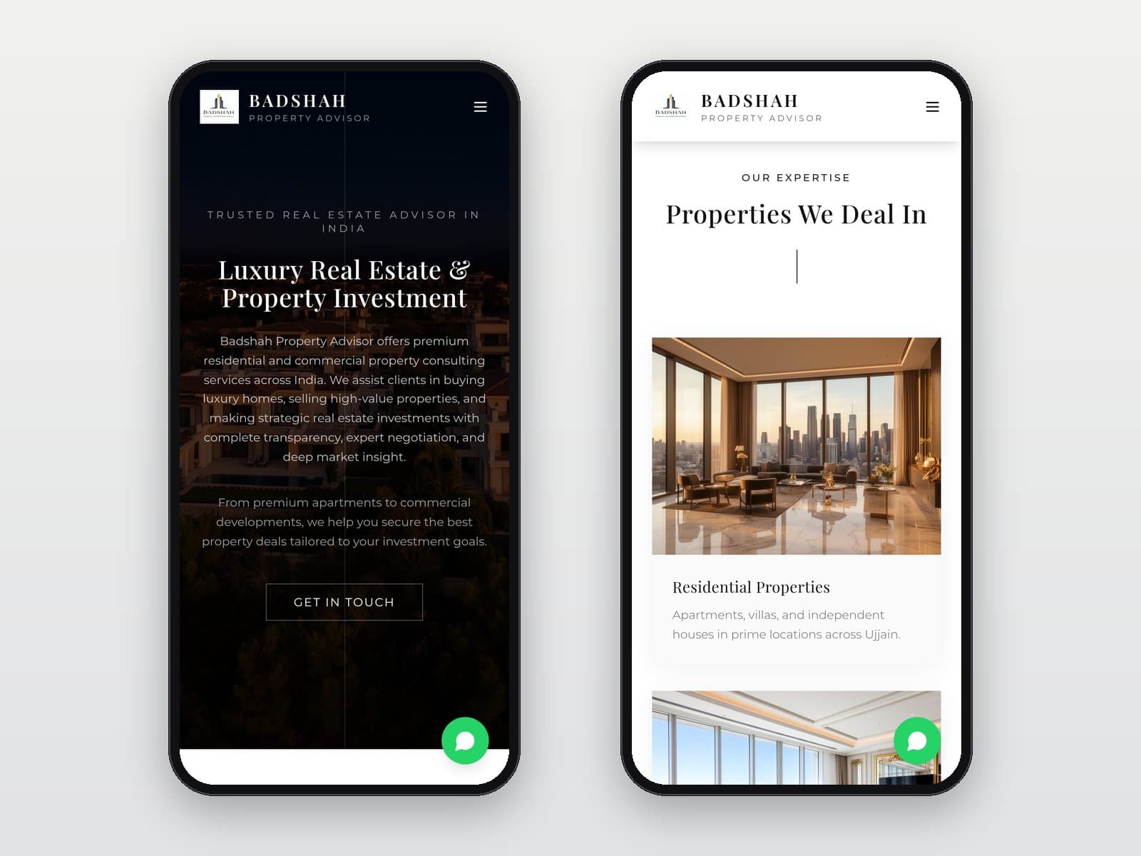 Mobile homepage and properties section