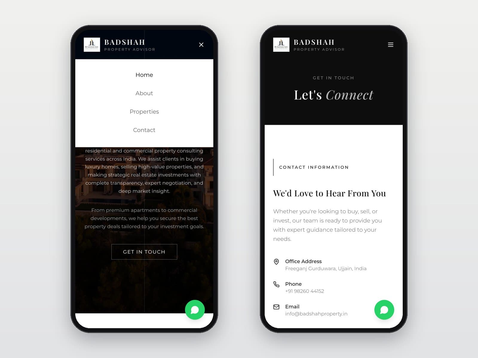Mobile navigation menu and contact page