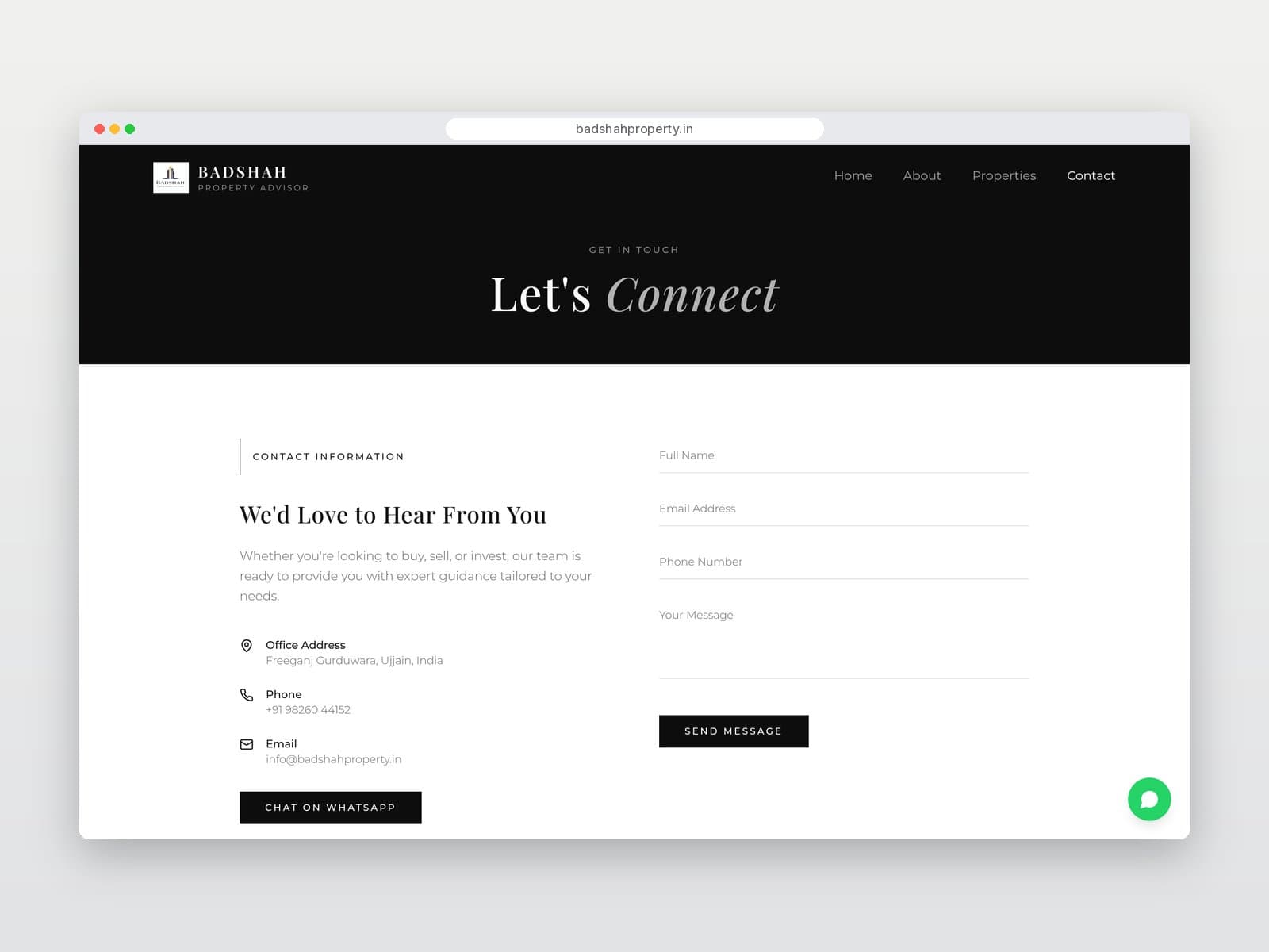 Contact page with enquiry form on desktop