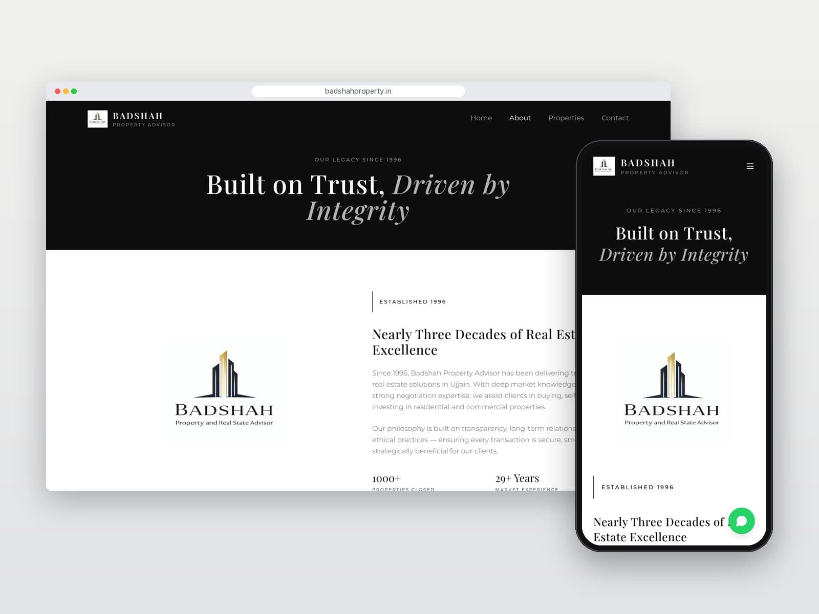 About page on desktop and mobile