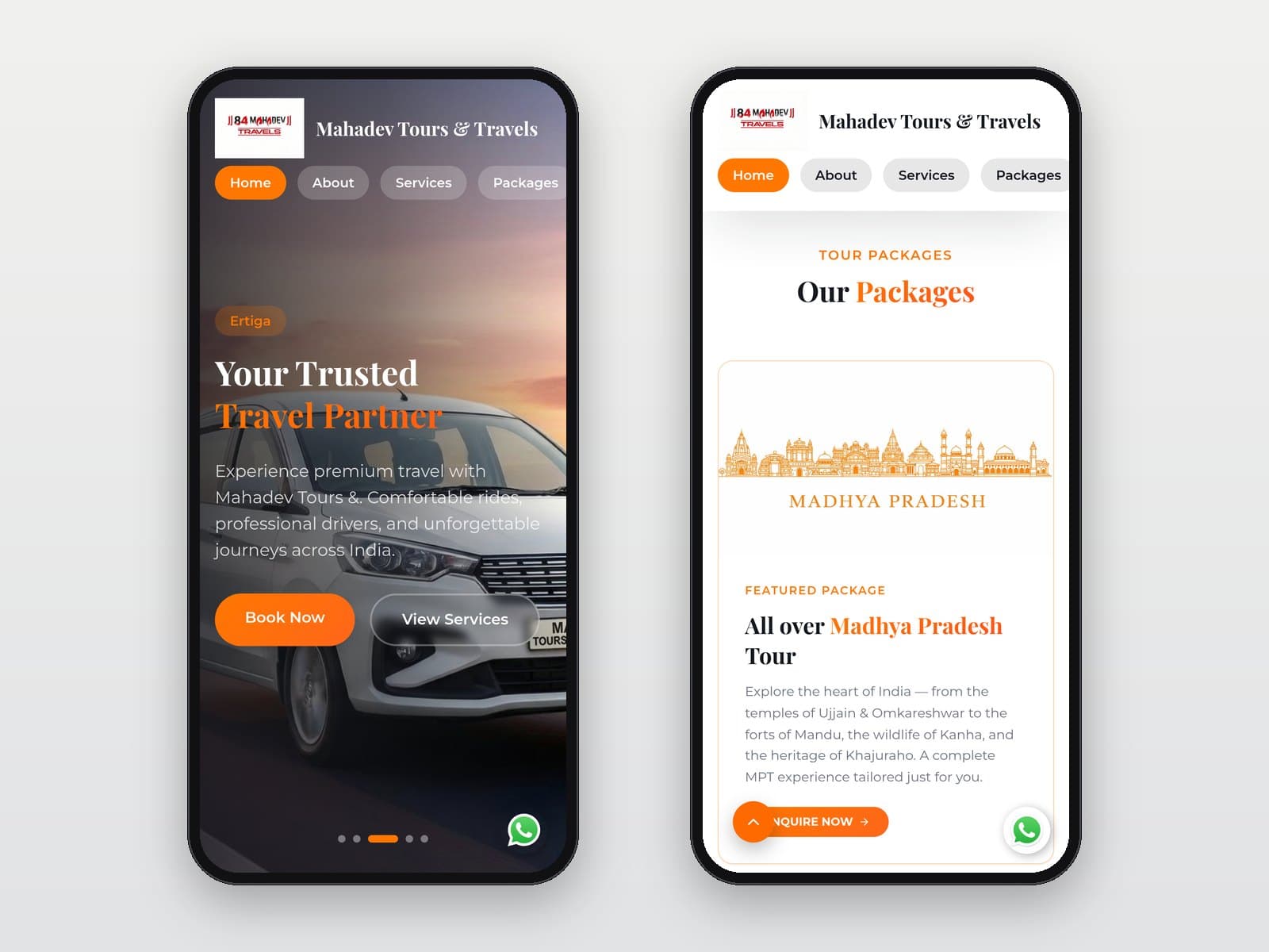 Mobile homepage and packages section