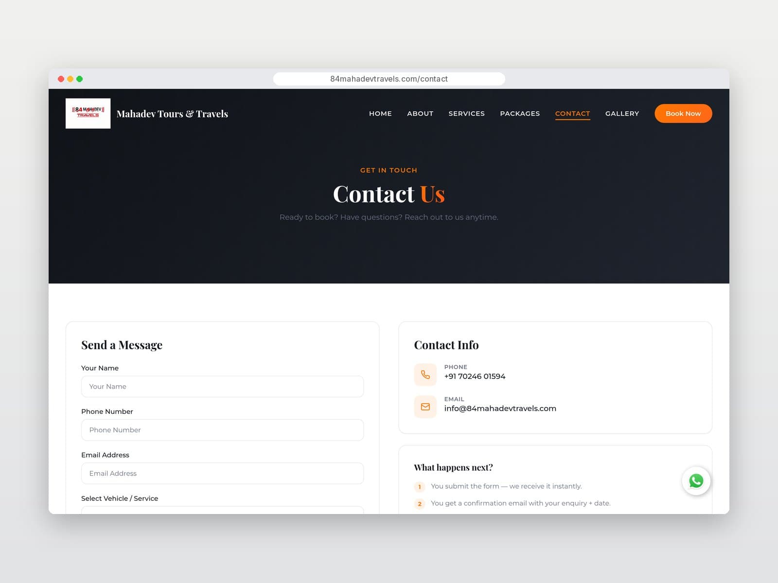 Contact page with enquiry form on desktop