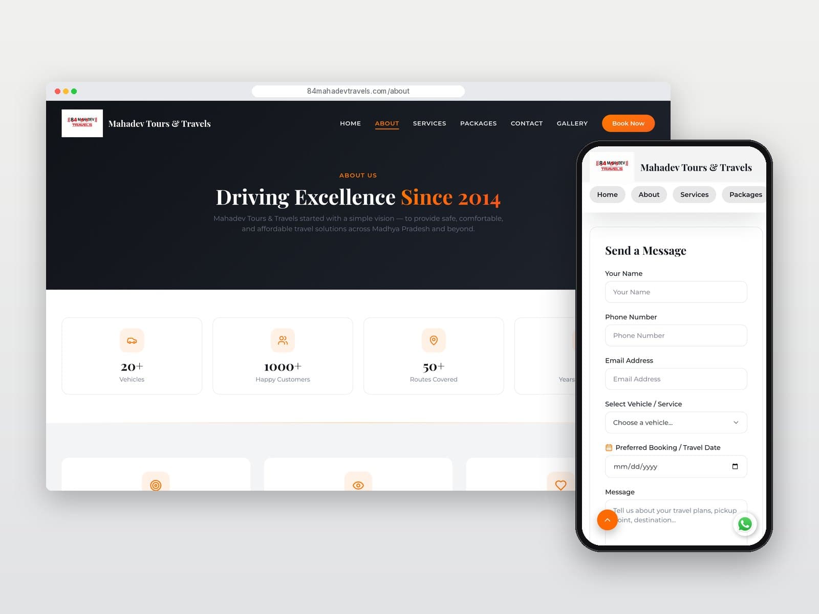 About page on desktop with mobile enquiry form