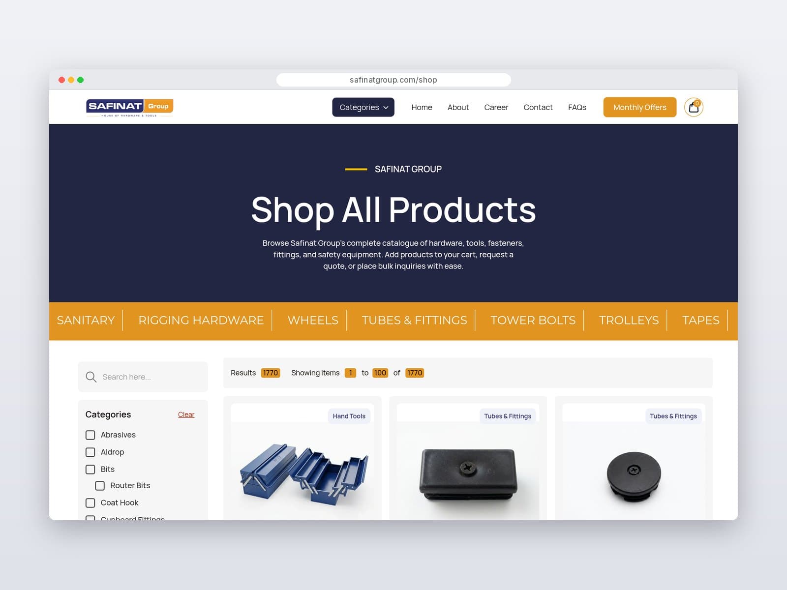 Shop page with search and category and brand filters