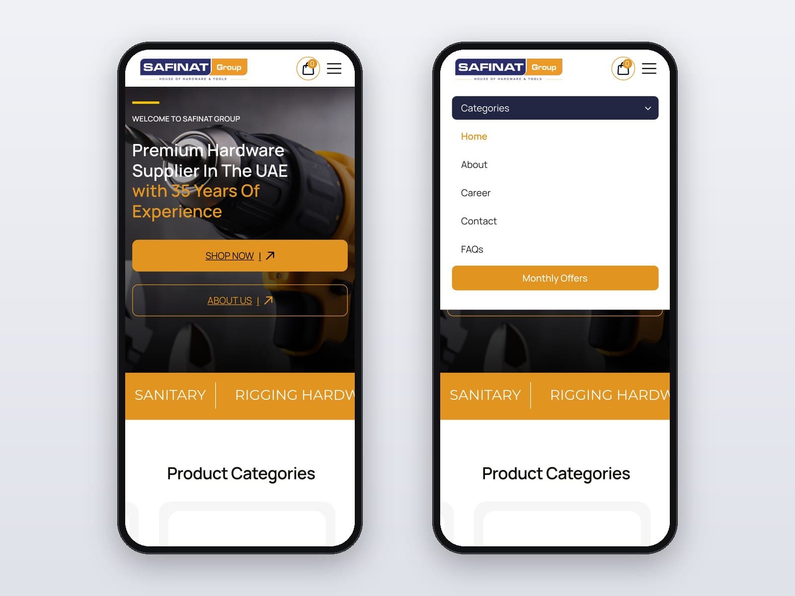 Mobile homepage and open navigation menu