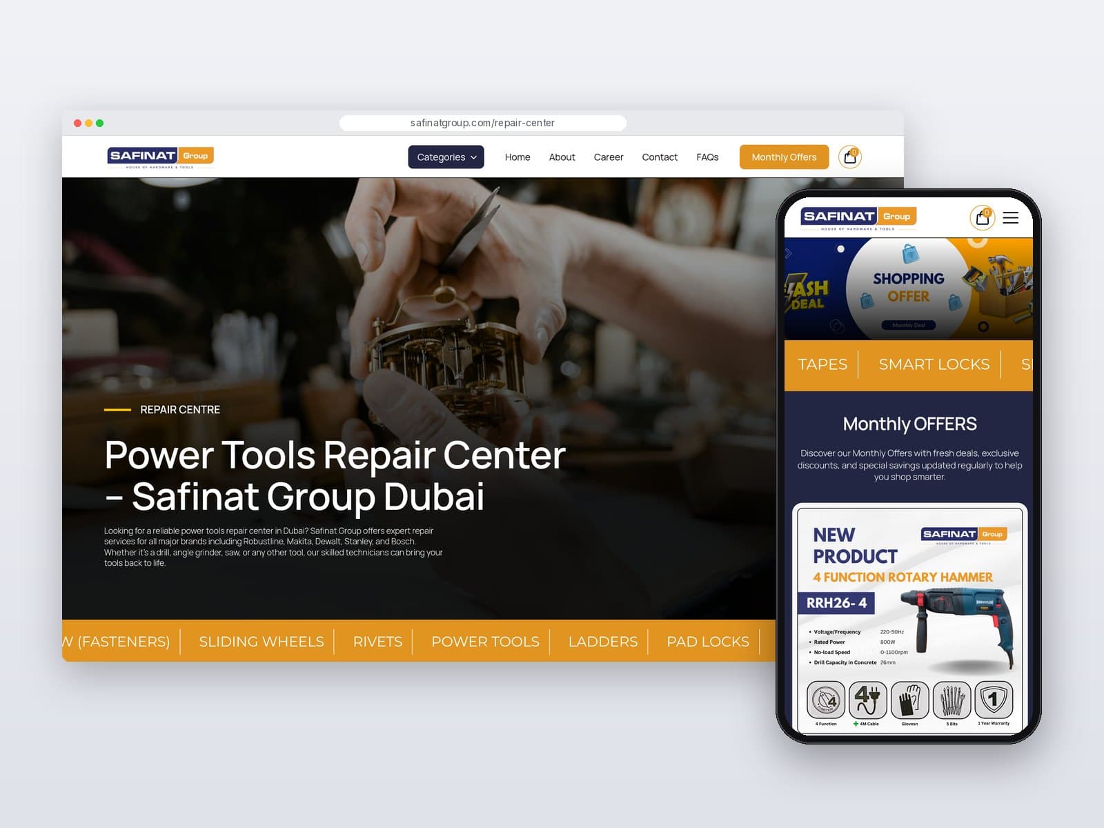 Repair Center page on desktop with mobile Monthly Offers