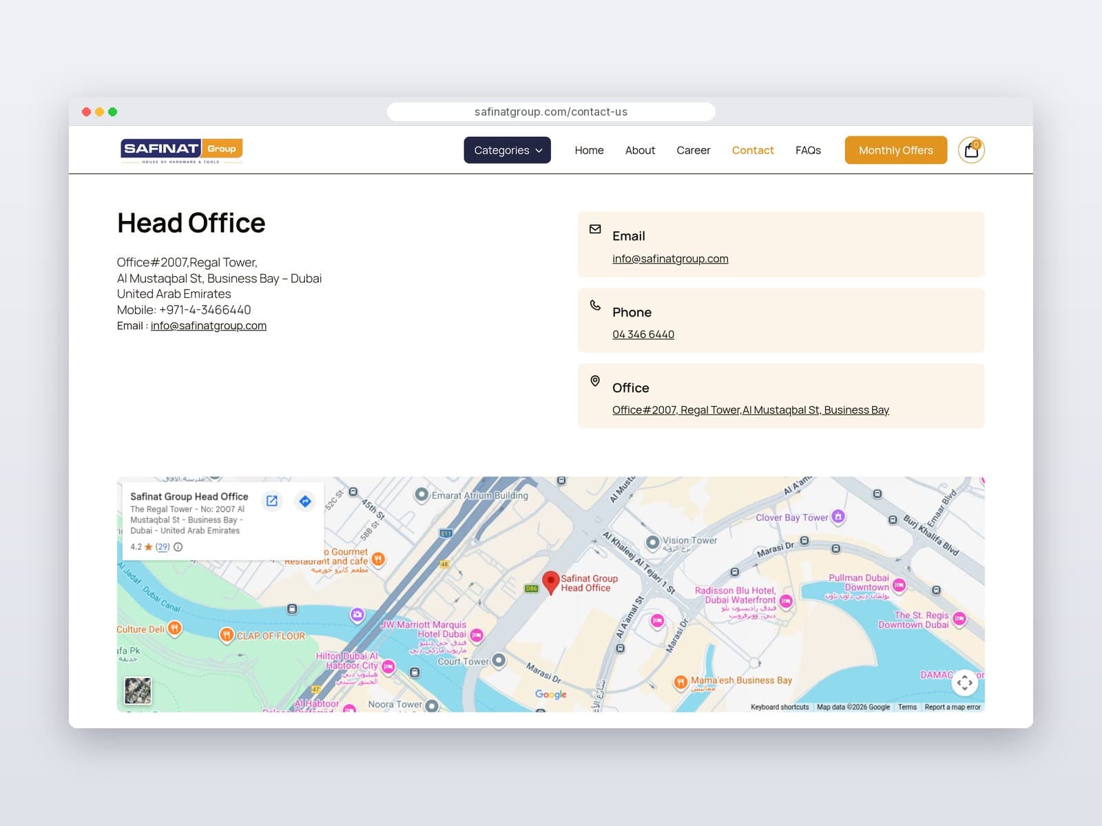 Contact page with head office details and Google Map