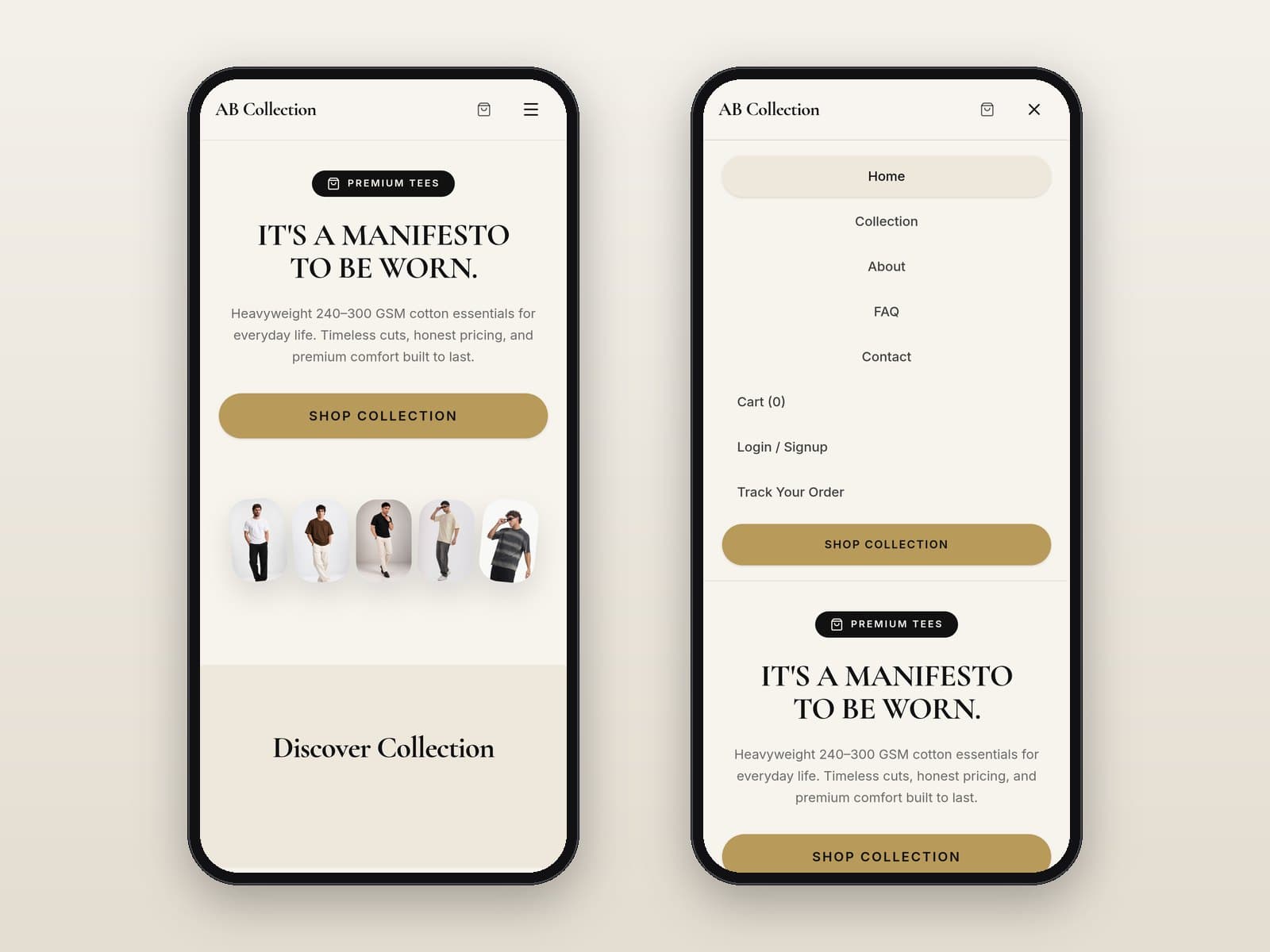 Mobile homepage and open navigation menu
