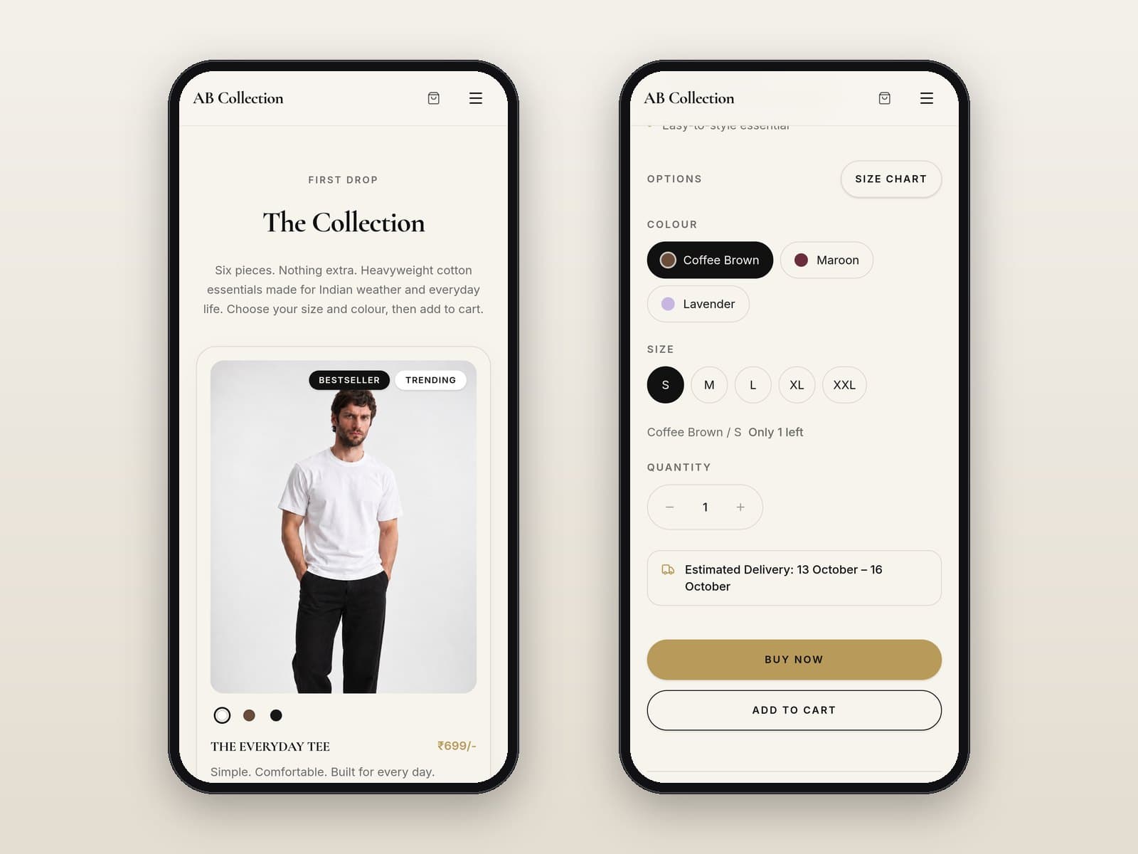 Mobile collection page and product options
