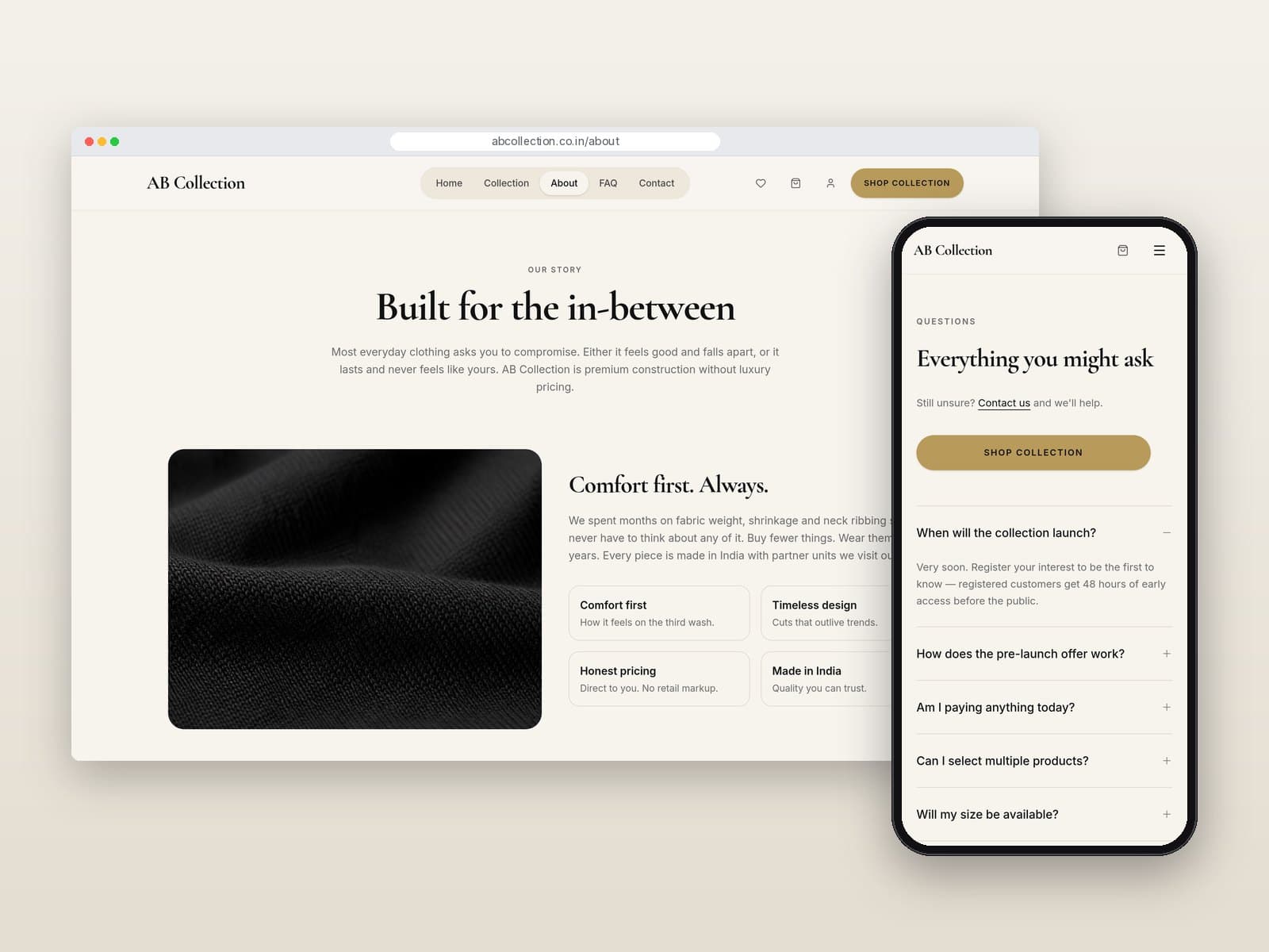 About page on desktop with mobile FAQ