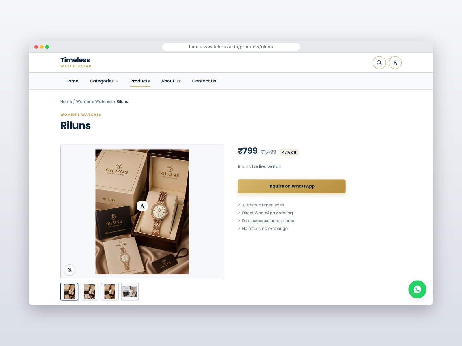 Product page with gallery and WhatsApp inquiry button