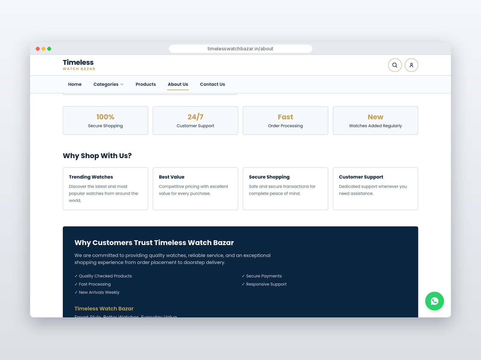 About page with store highlights and trust section