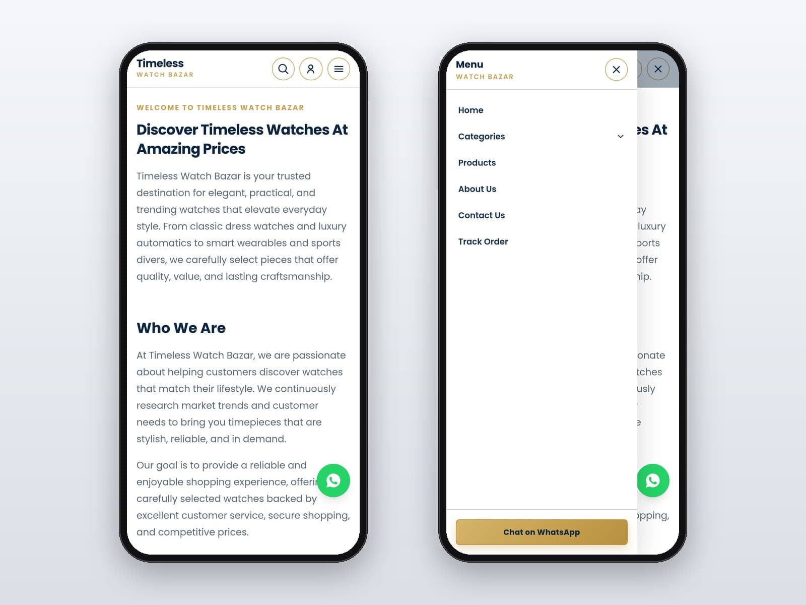 Mobile About page beside the open mobile menu