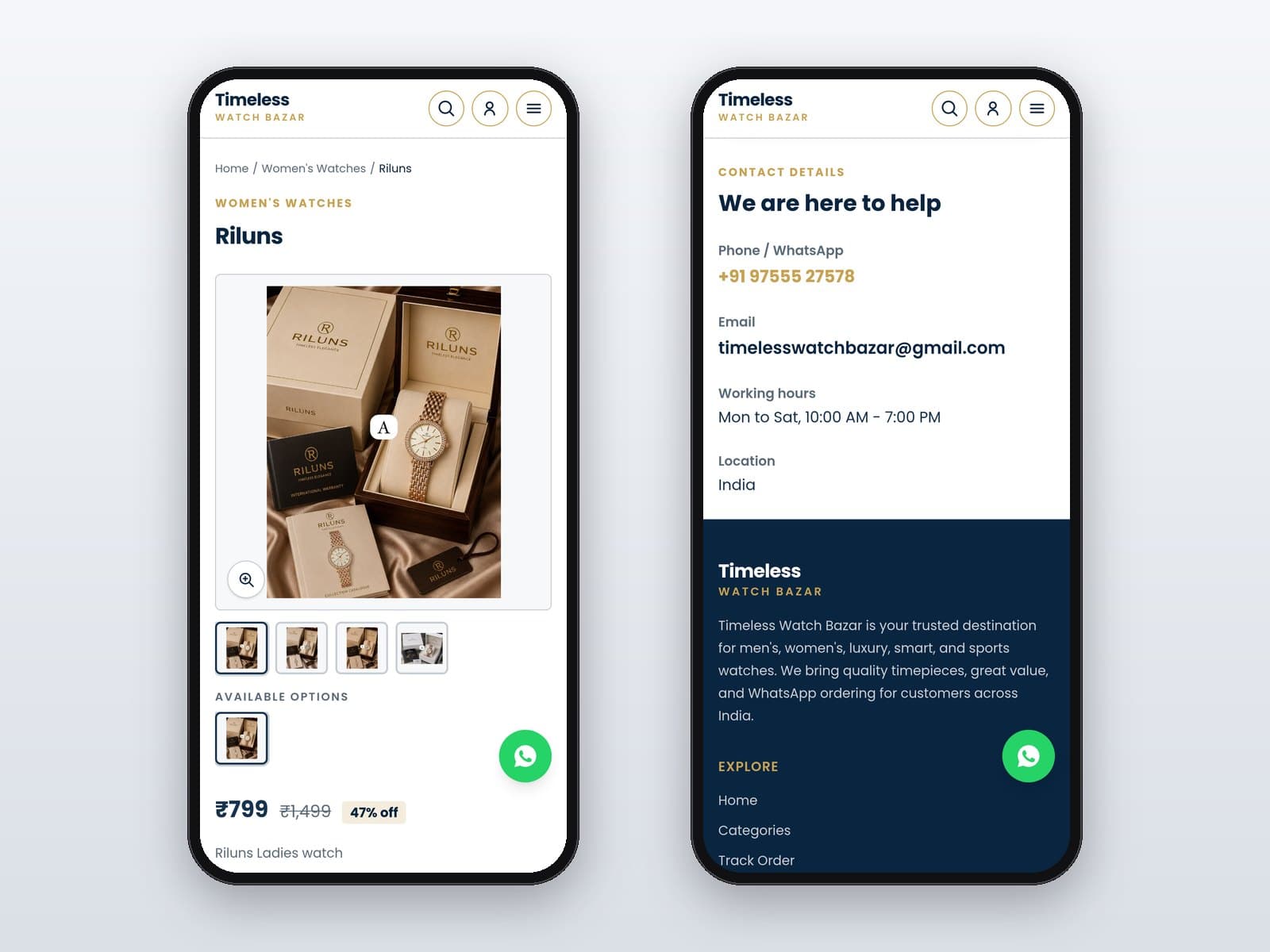Mobile product page beside mobile contact details