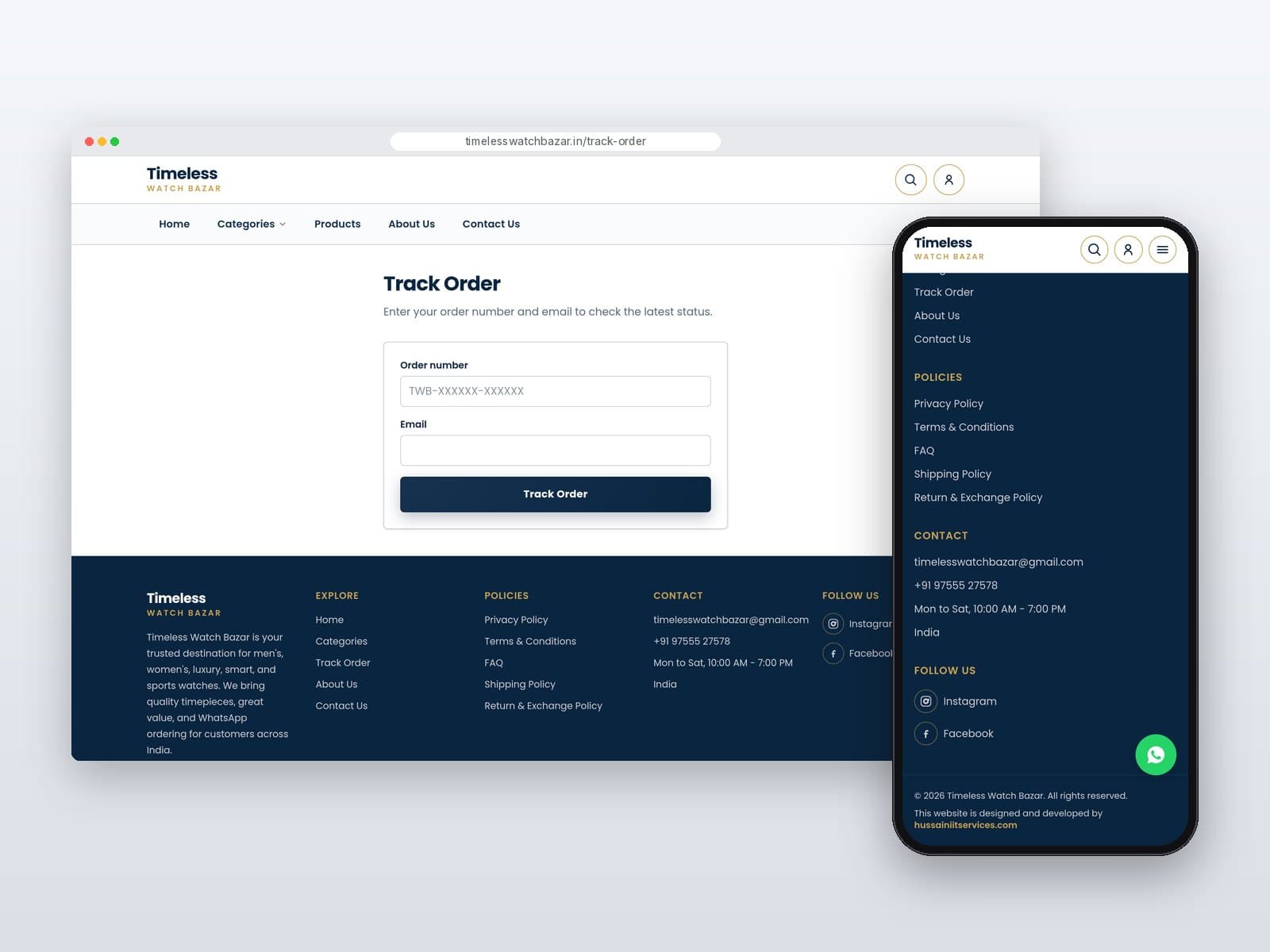 Track Order page on desktop with mobile footer