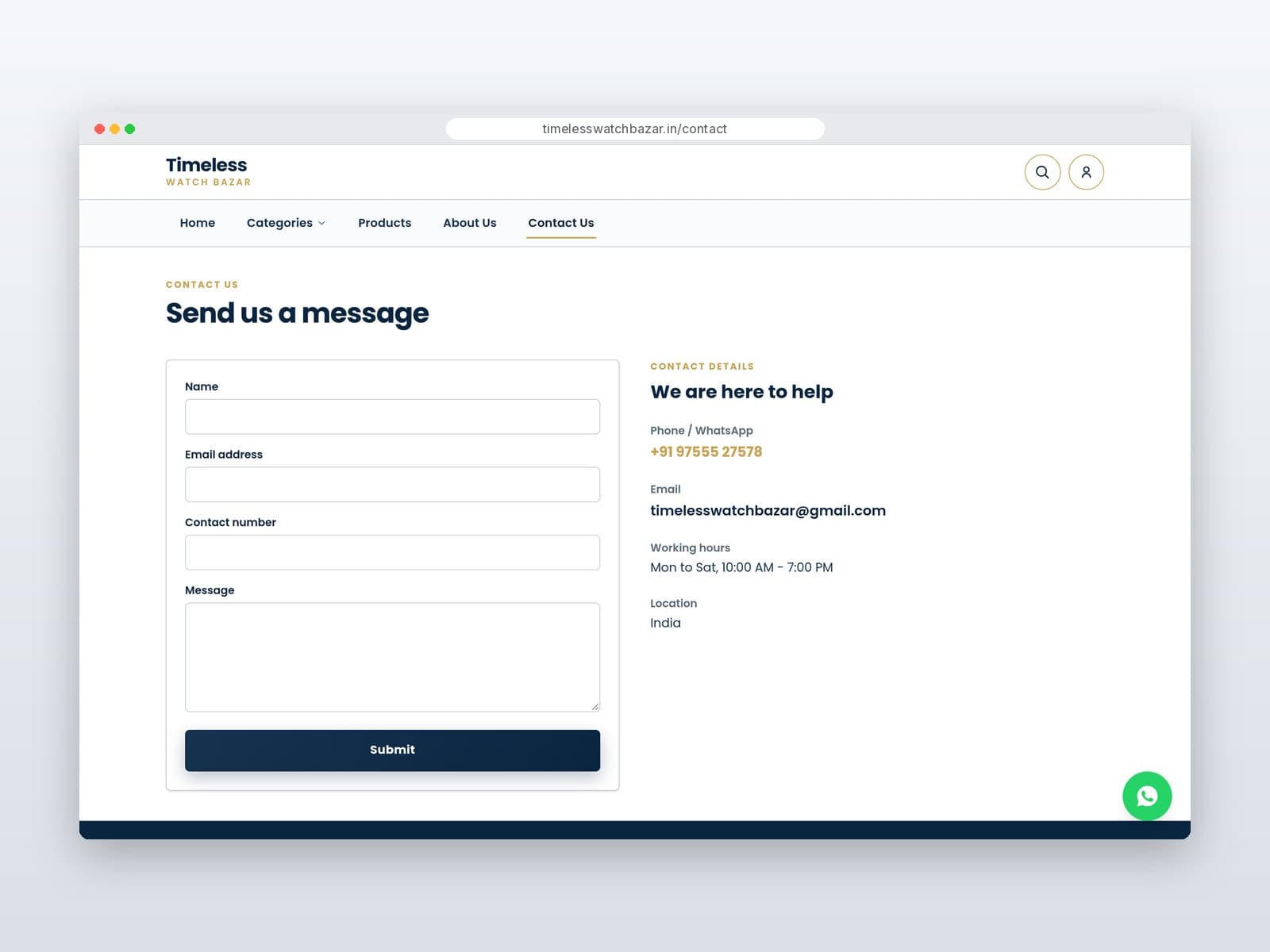 Contact page with message form and contact details