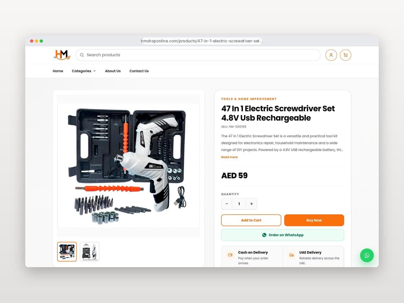 Product page with Add to Cart, Buy Now and WhatsApp
