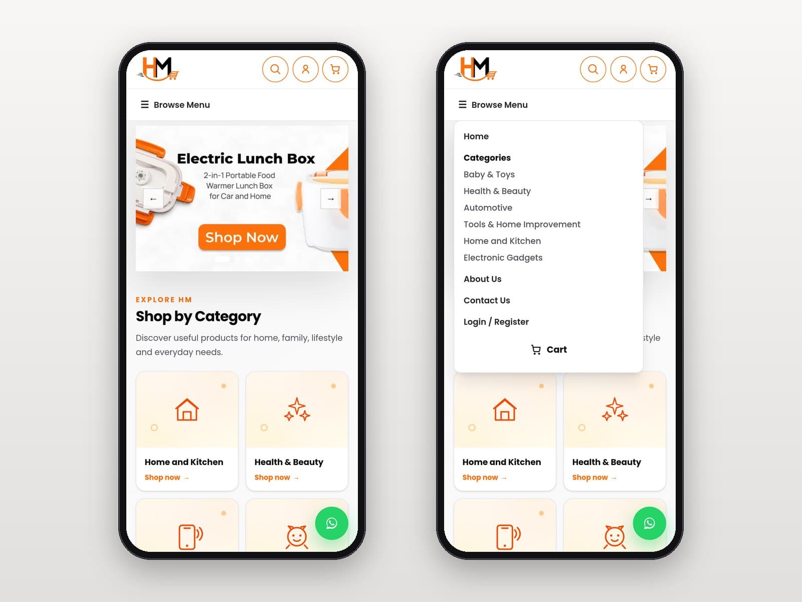 Mobile homepage beside the open Browse Menu