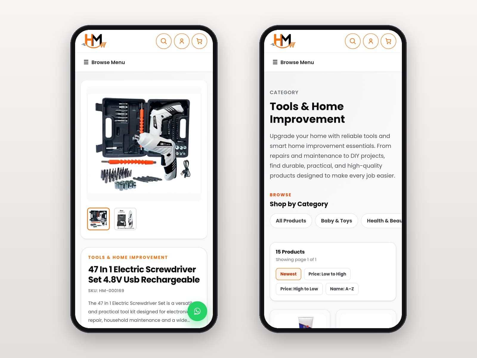 Mobile product page beside a mobile category page