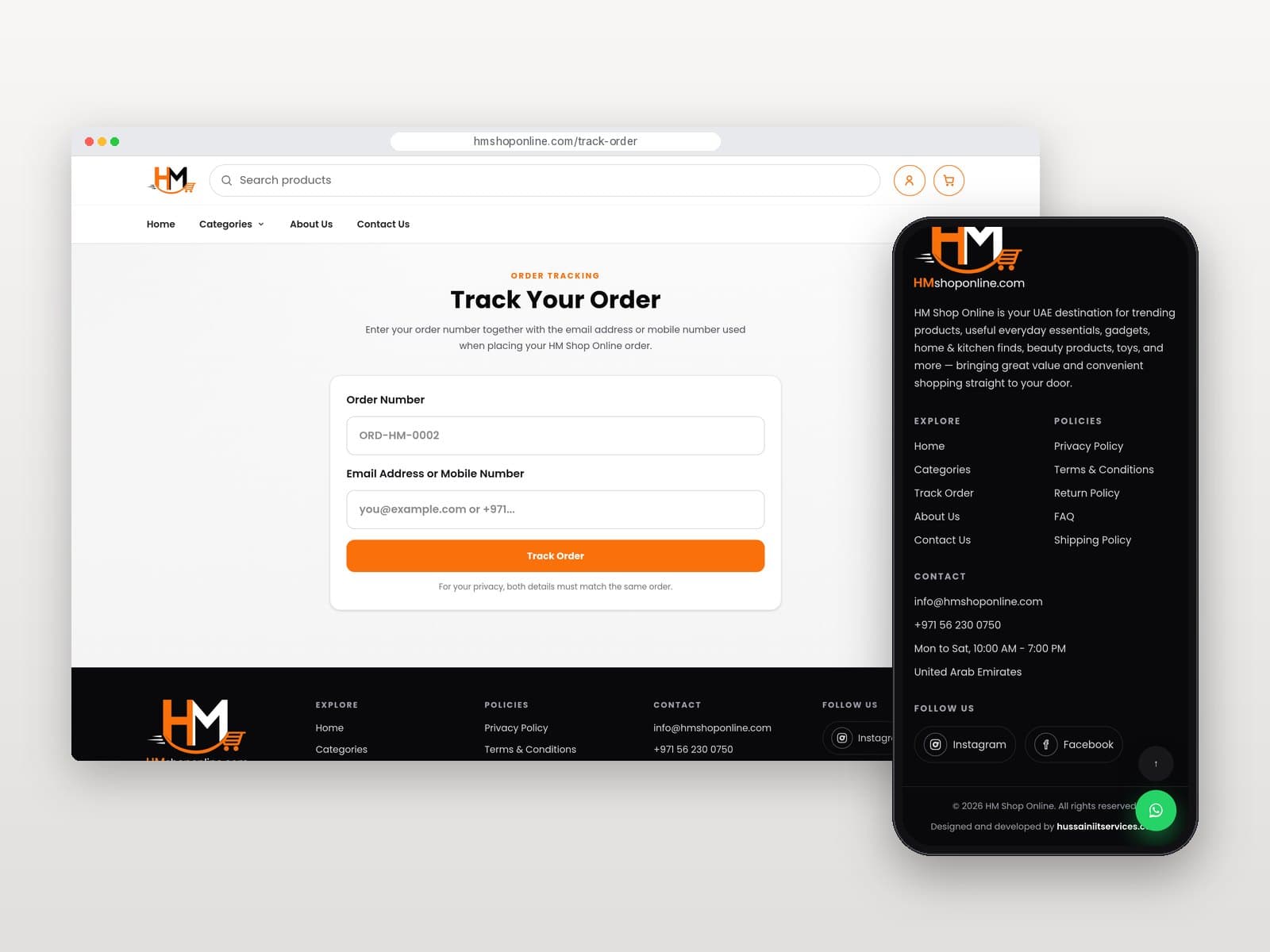 Track Order page on desktop with the mobile footer