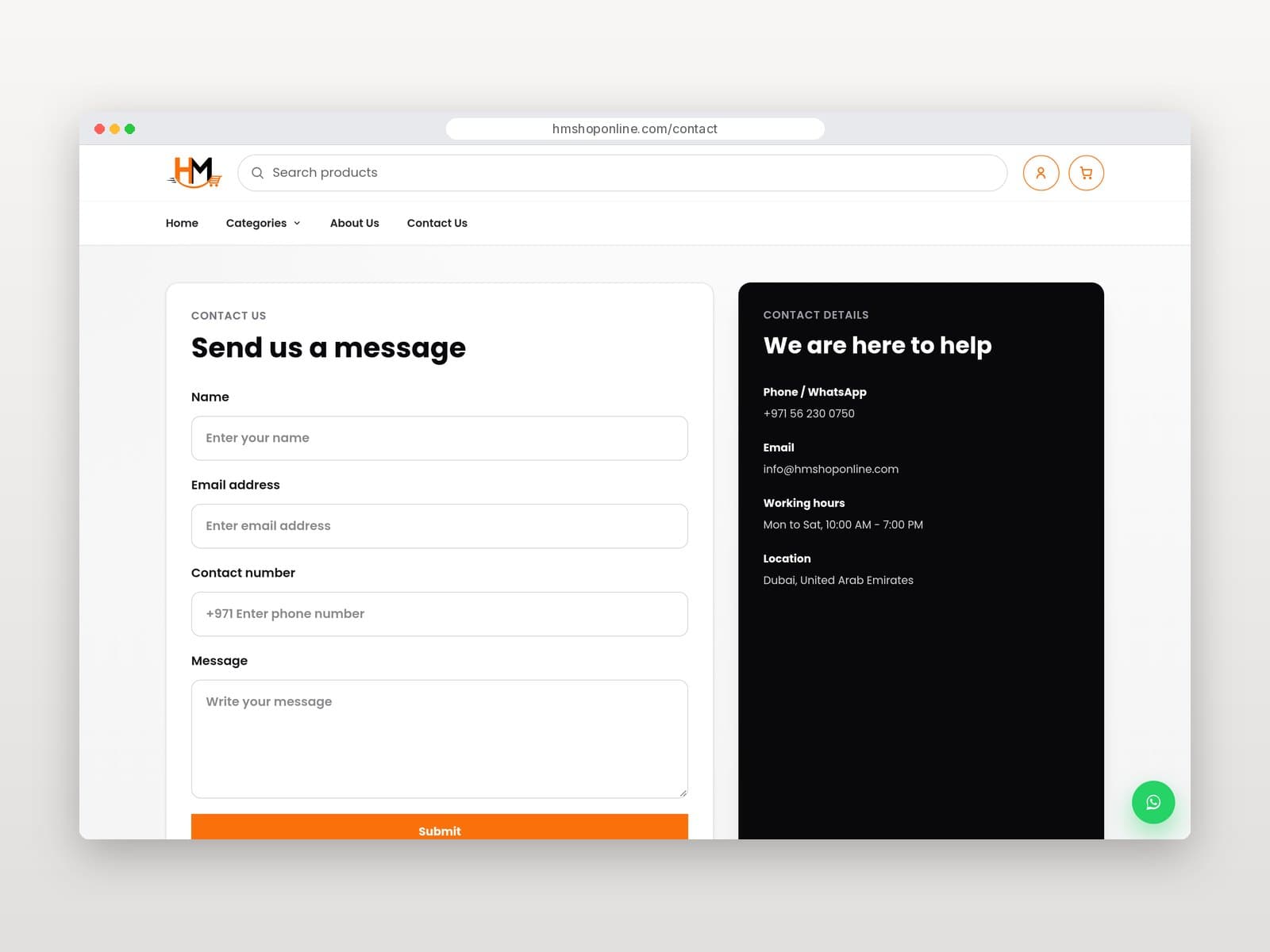Contact page with message form and contact details