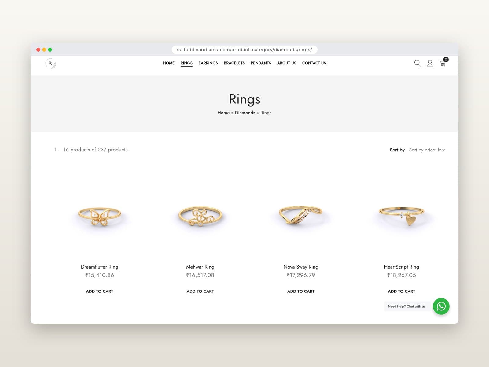 Rings category page with sorting and products