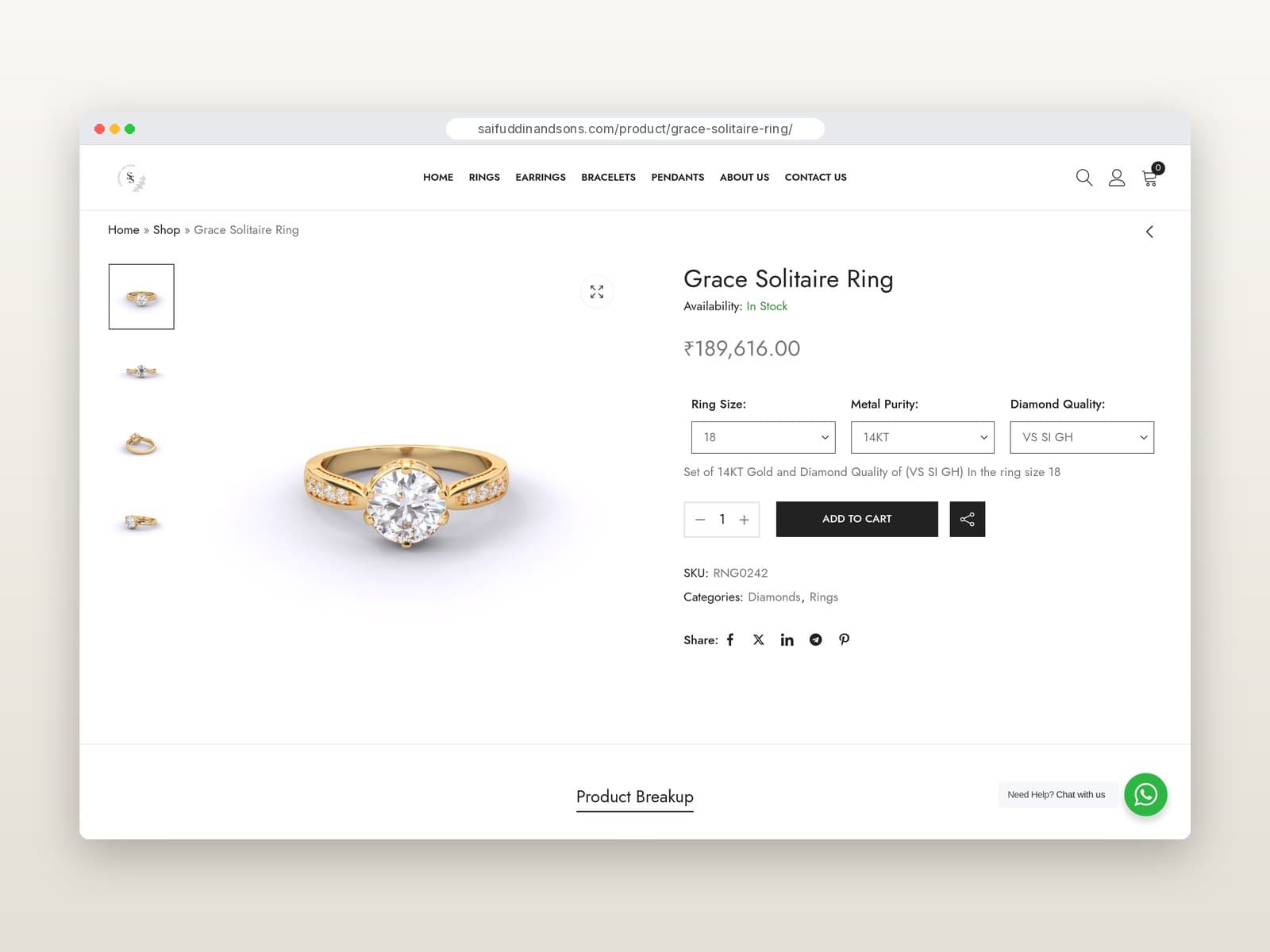 Ring product page with metal and diamond options