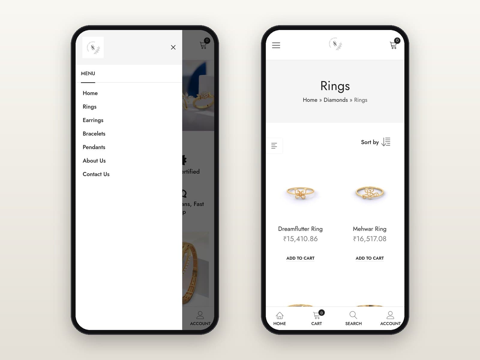Mobile menu drawer beside the mobile Rings page