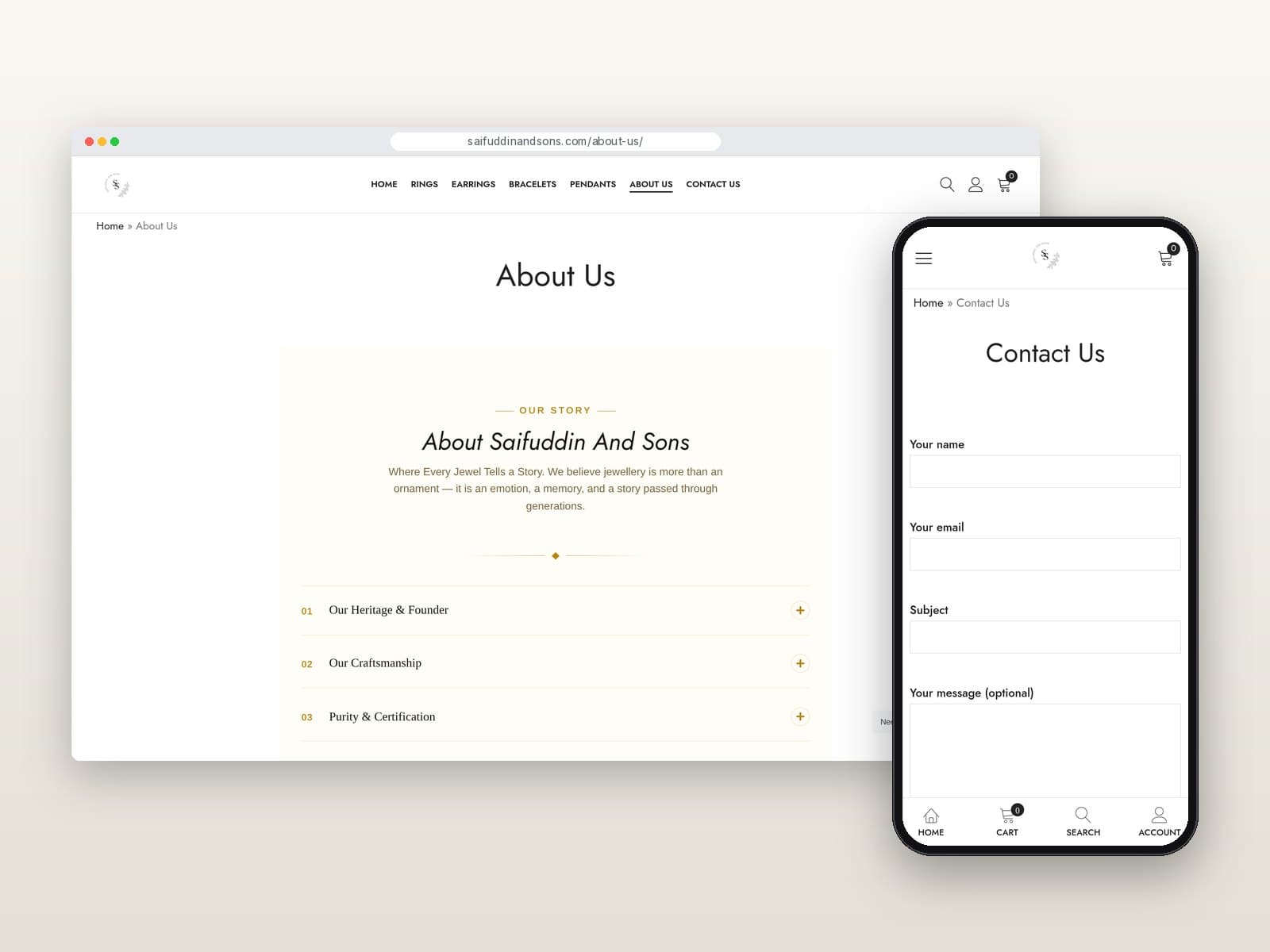 About Us page on desktop with the mobile Contact page