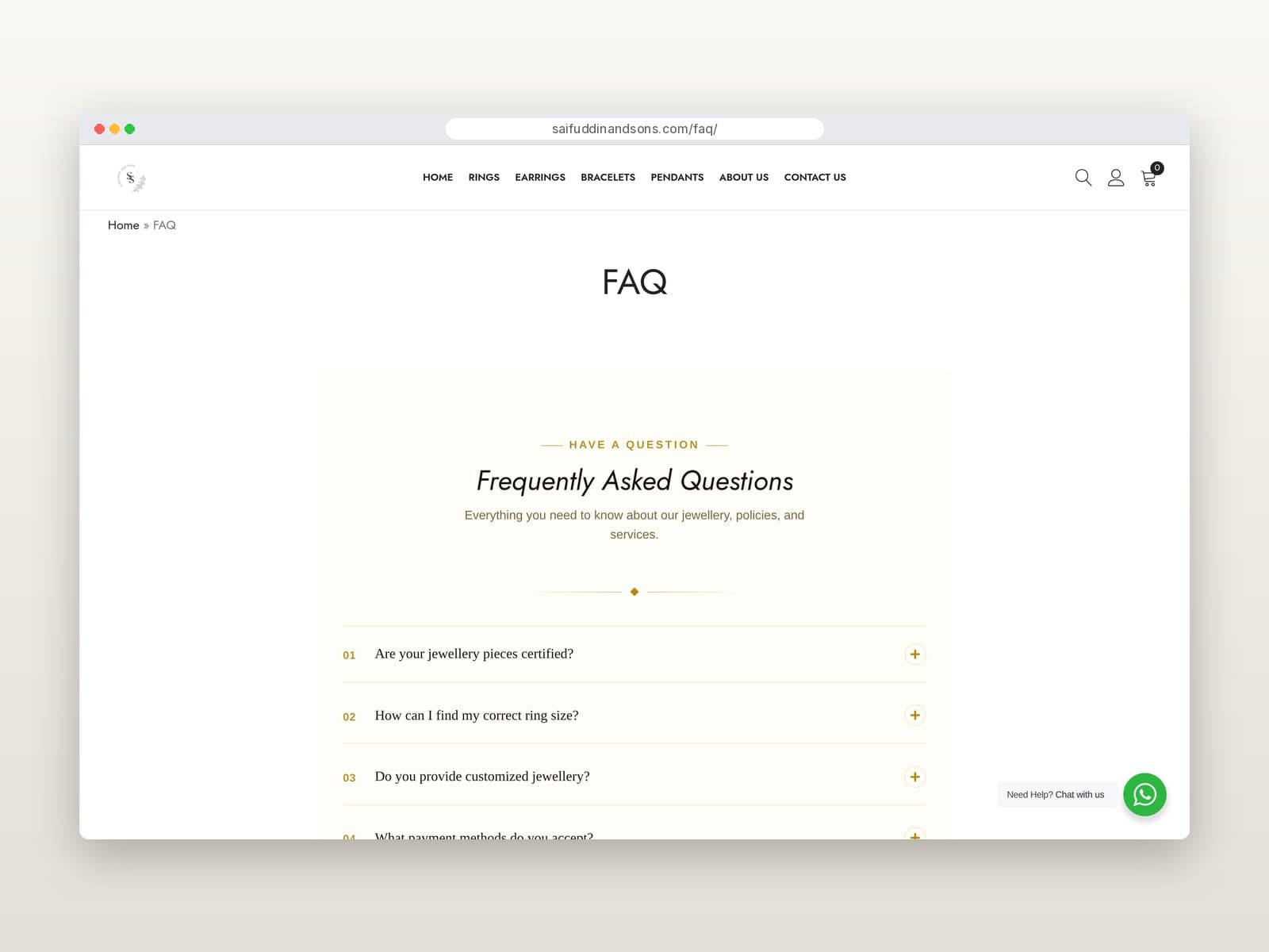 FAQ page with frequently asked questions