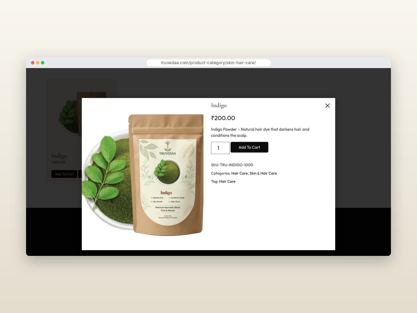 Quick View modal on the Skin & Hair Care page