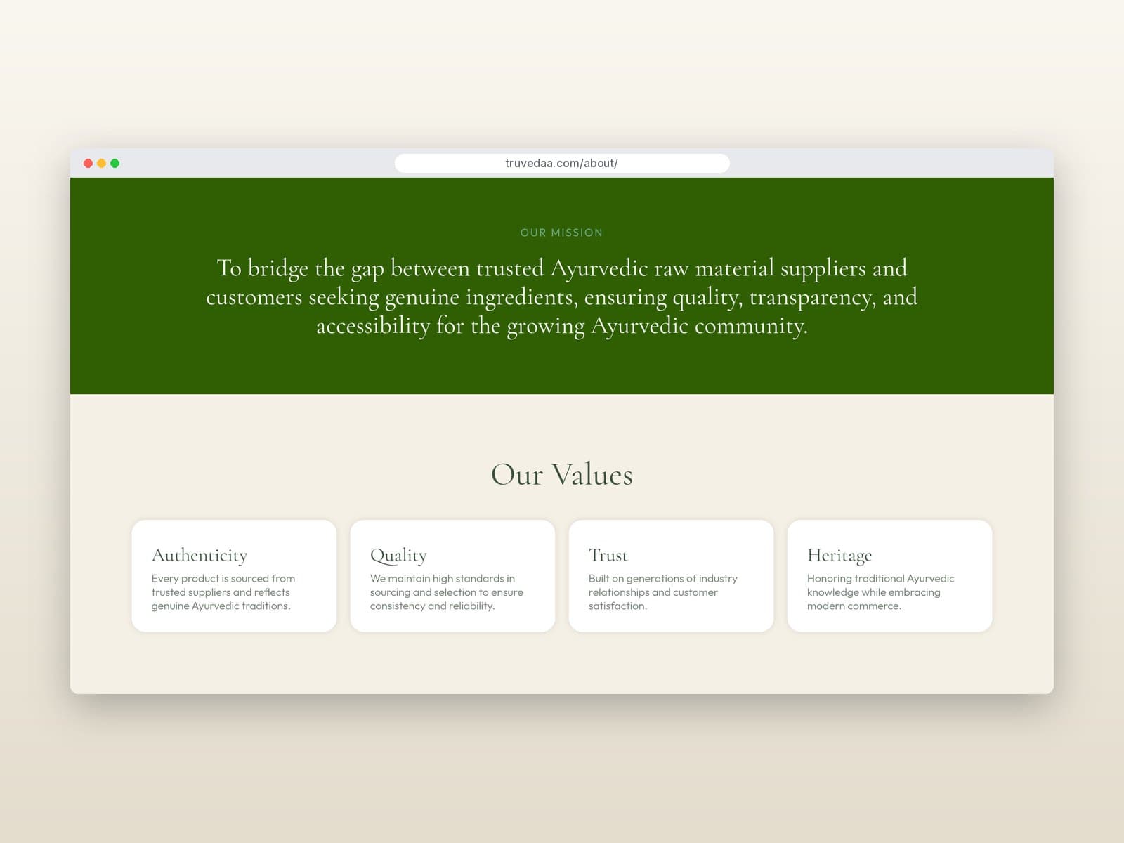 About page Our Mission and Our Values sections