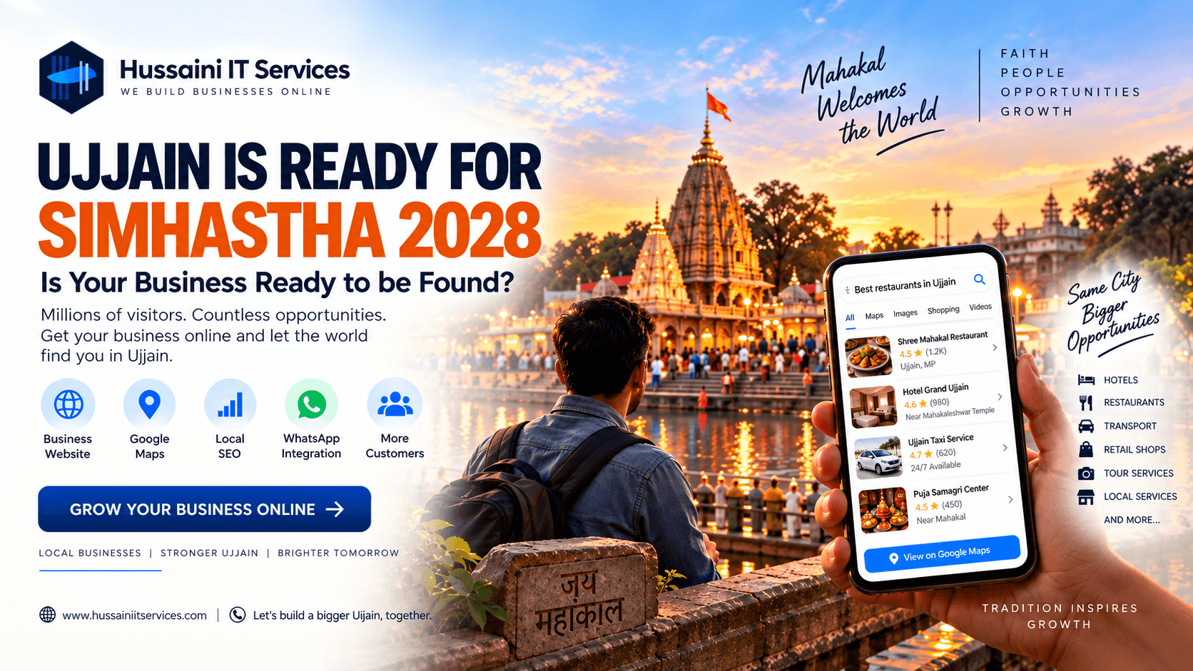 Ujjain businesses preparing for Simhastha 2028 with an online presence, Google Maps, local SEO, websites and digital services by Hussaini IT Services.