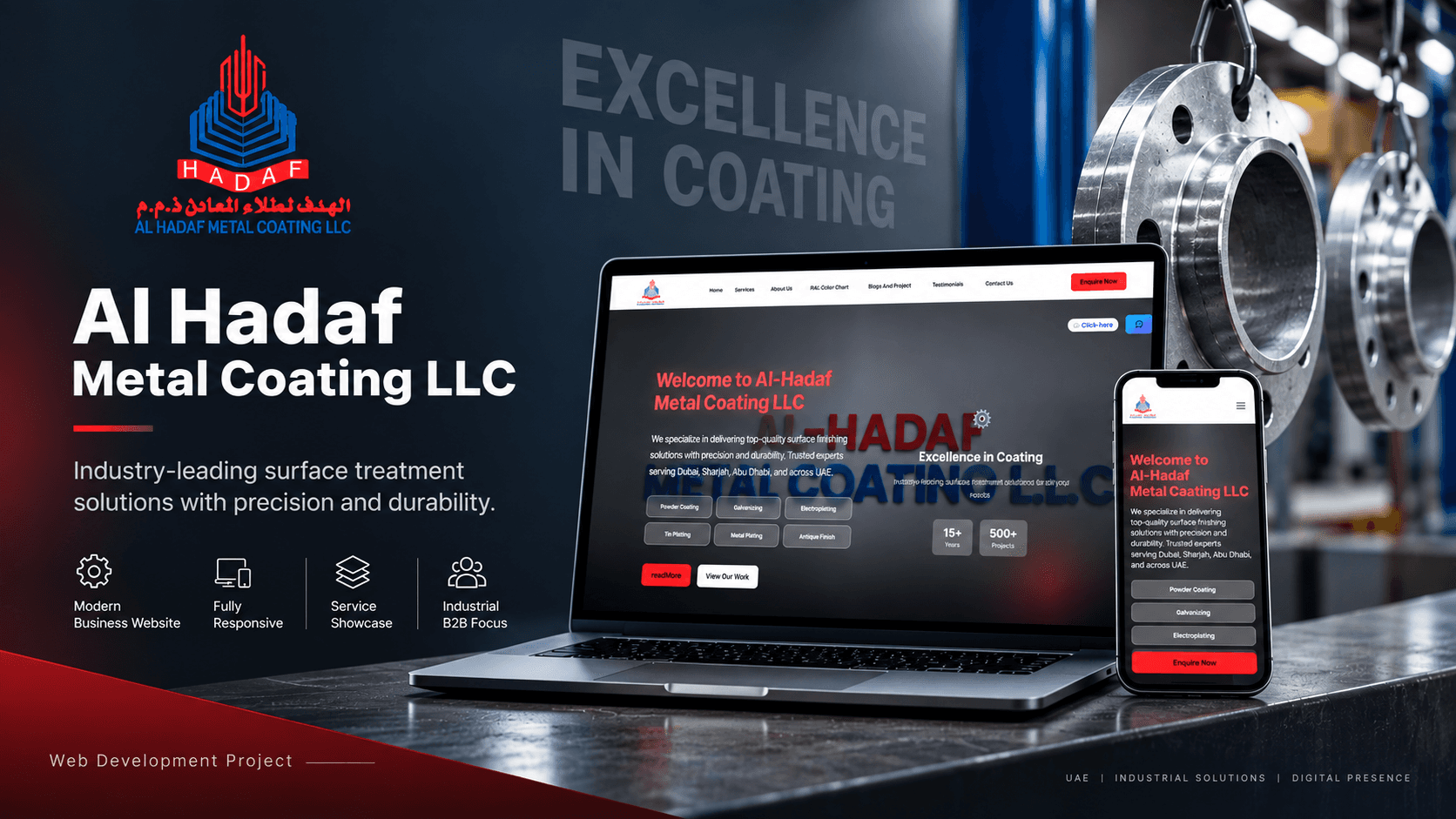 Al Hadaf Metal Coating LLC website development project showcasing its responsive industrial website on desktop and mobile
