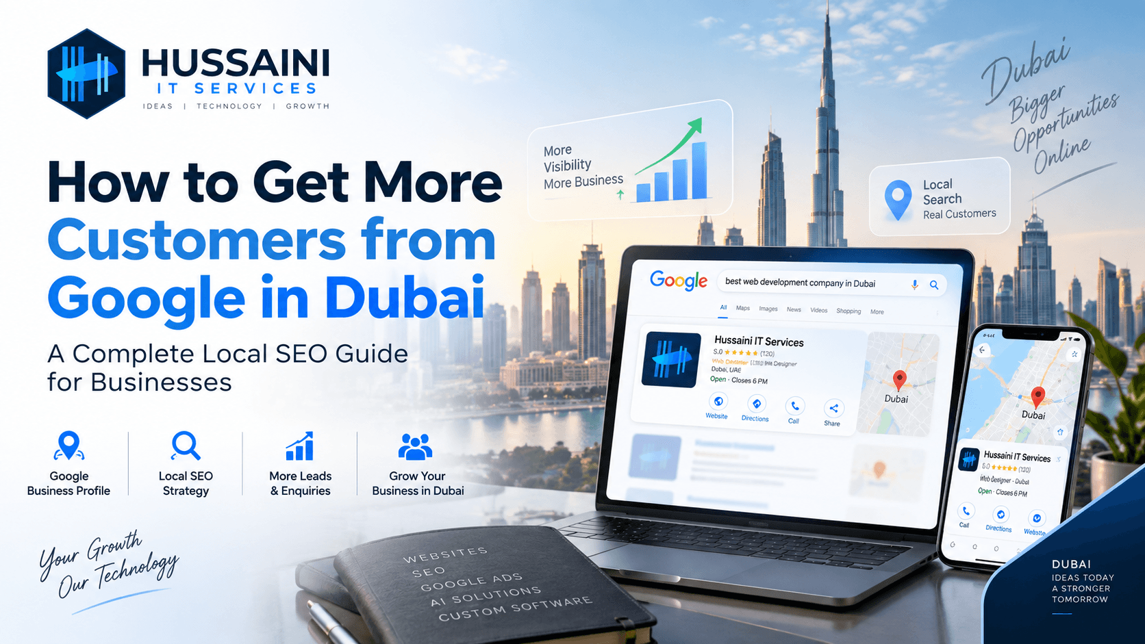 Local SEO strategy for businesses in Dubai showing Google search visibility, Google Maps, and digital marketing analytics
