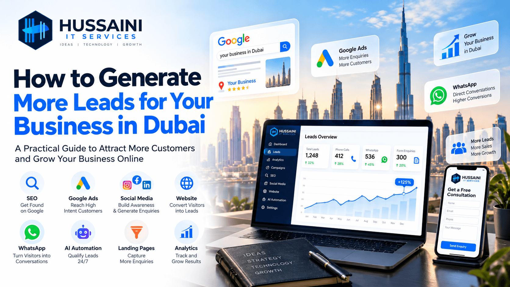 Lead generation strategy for a Dubai business using SEO, Google Ads, social media, website and AI automation