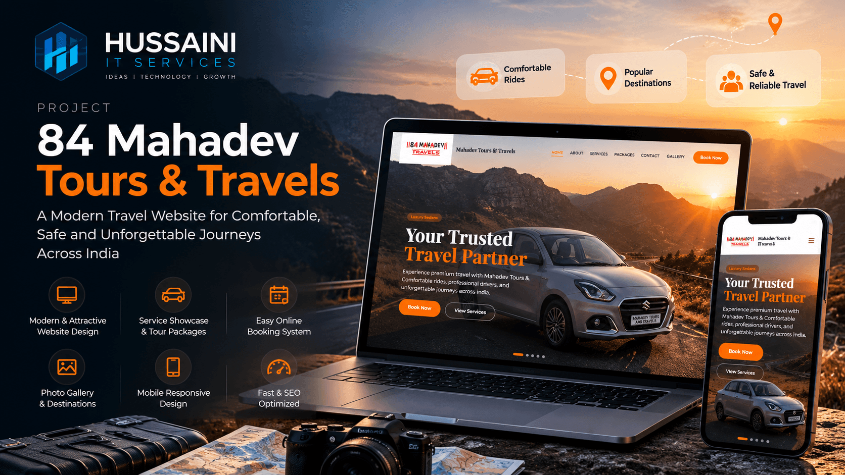 84 Mahadev Travels website shown on a laptop and a smartphone, with the homepage hero and the mobile Featured Vehicles list