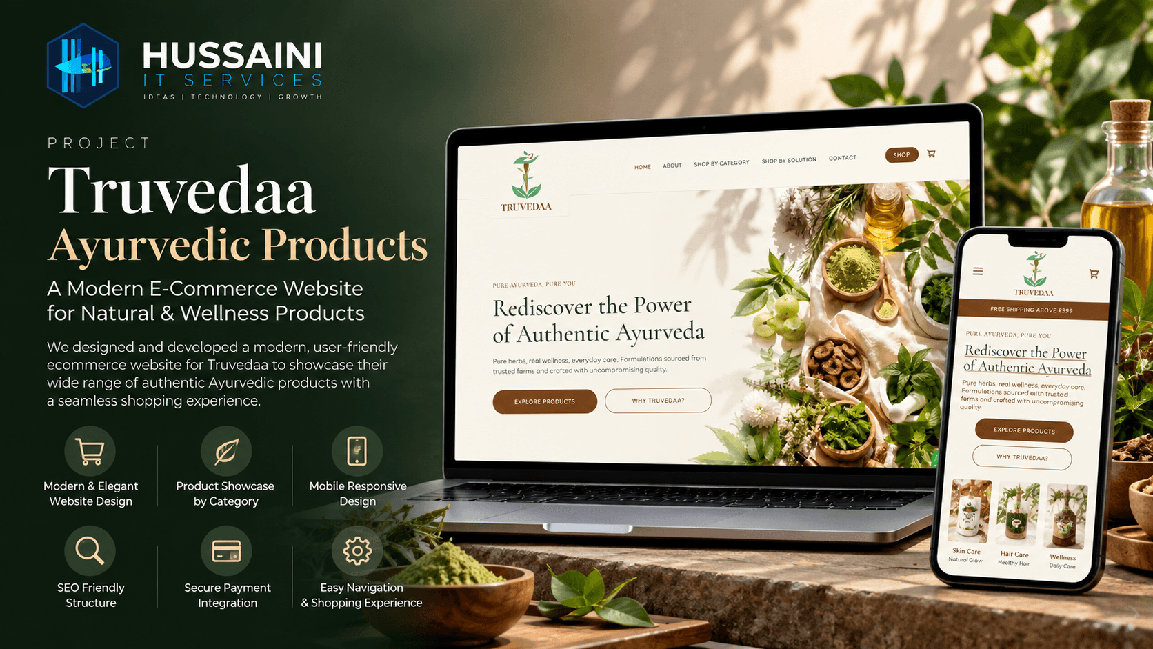 TruVedaa website on a laptop and a smartphone, showing the homepage "Rediscover the Power of Authentic Ayurveda" hero and the Skin & Hair Care category page.