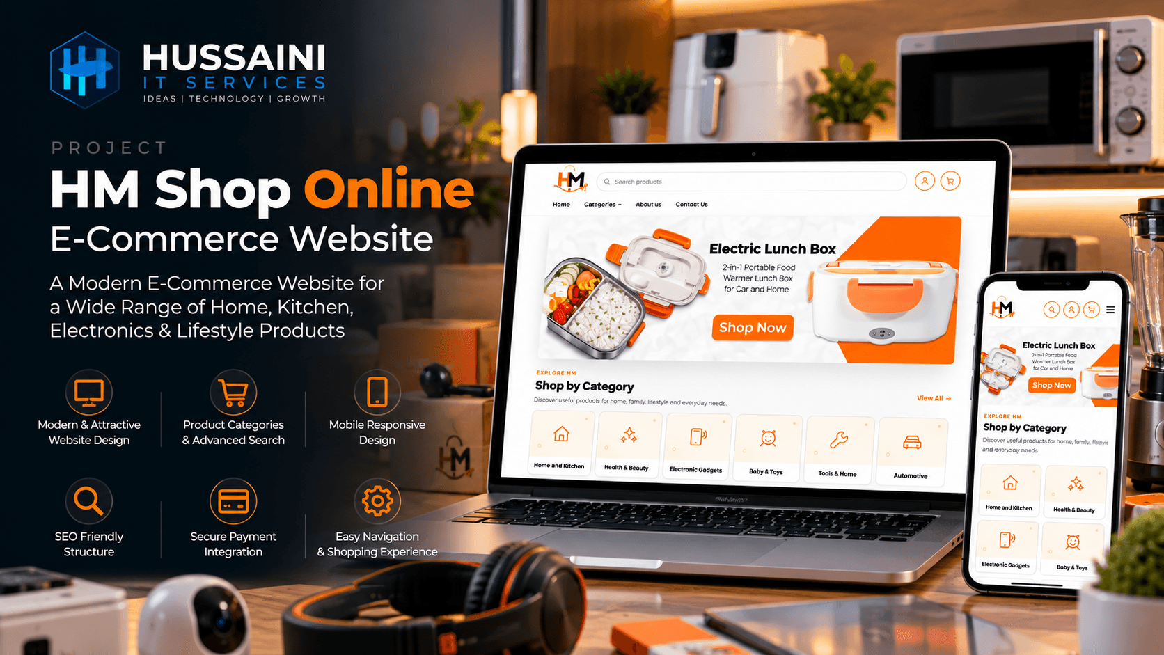 HM Shop Online website on a laptop and a smartphone, showing the homepage "Electric Lunch Box" banner and the Shop by Category tiles.
