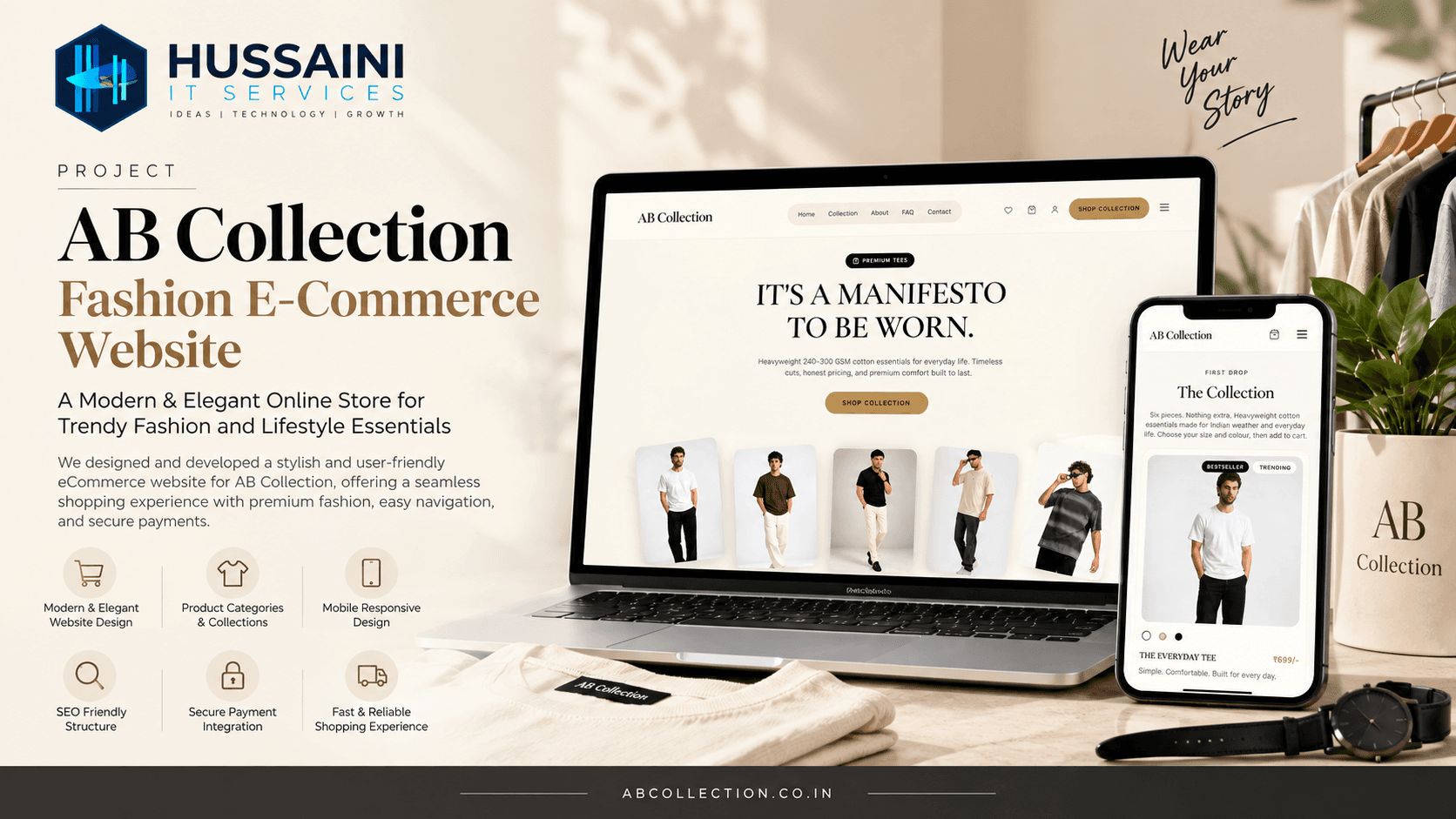 AB Collection website shown on a laptop and a smartphone, with the homepage hero and the mobile Collection page