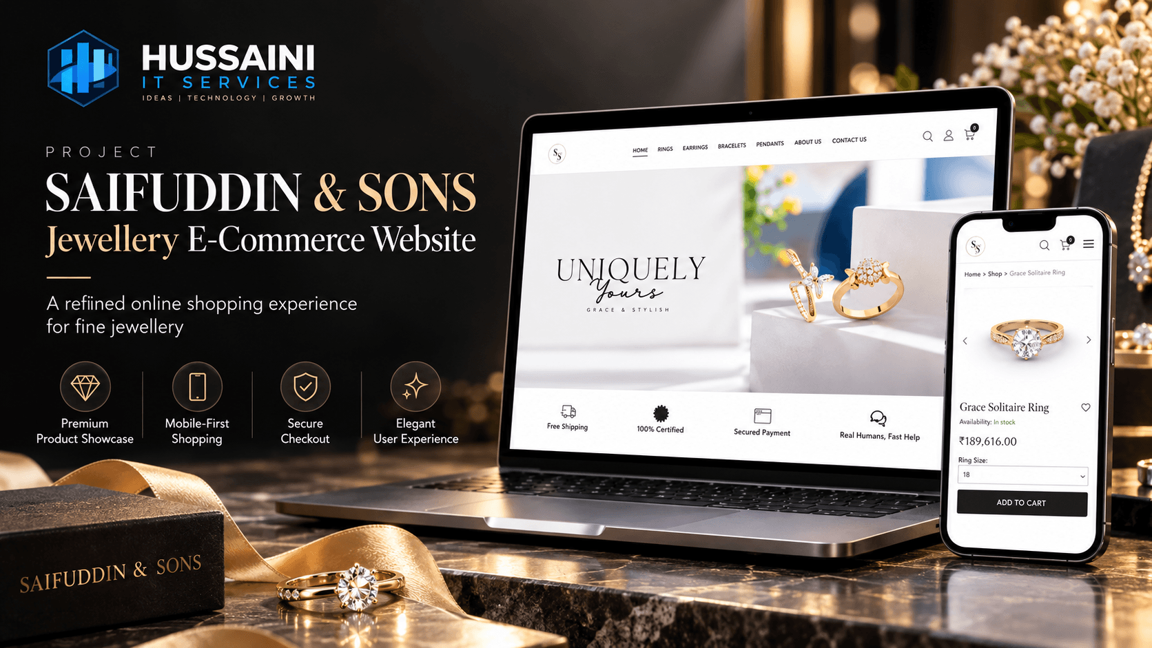 Saifuddin and Sons website on a laptop and a smartphone, showing the homepage "UNIQUELY Yours" hero and a ring product page.