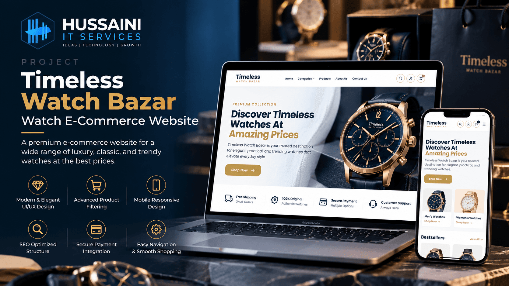 Timeless Watch Bazar website on a laptop and a smartphone, showing the About page "Discover Timeless Watches At Amazing Prices" and the open mobile menu.